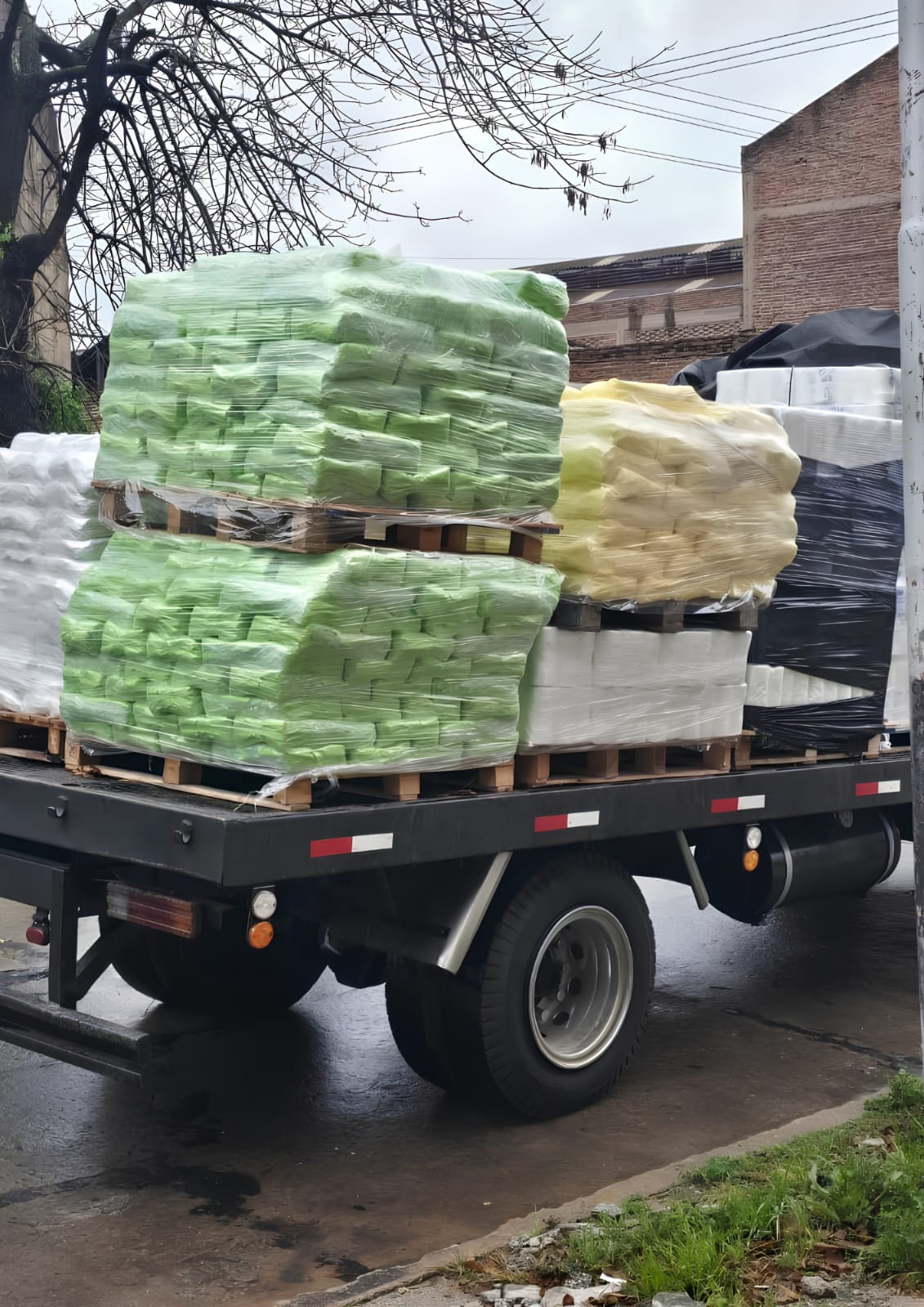 Camión de Distribuidora Santiago cargado con palets de bolsas de polietileno